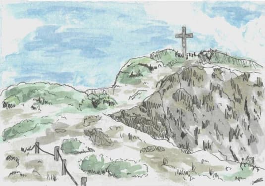 Aquarelle d'une croix monumentale au sommet d'une falaise, sentier littoral méditerranéen